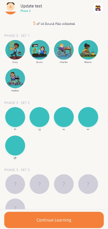 Progress that reads as achievement, not correction - phases and sets that fill as children learn