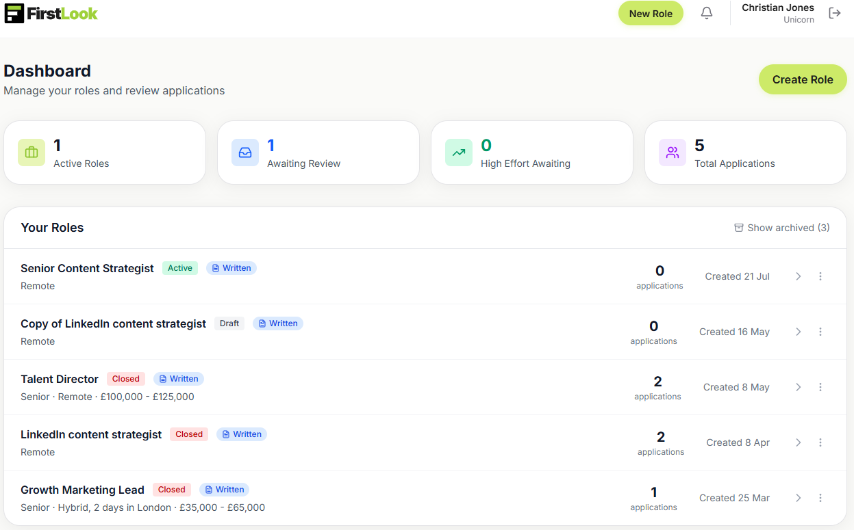 The real FirstLook employer dashboard