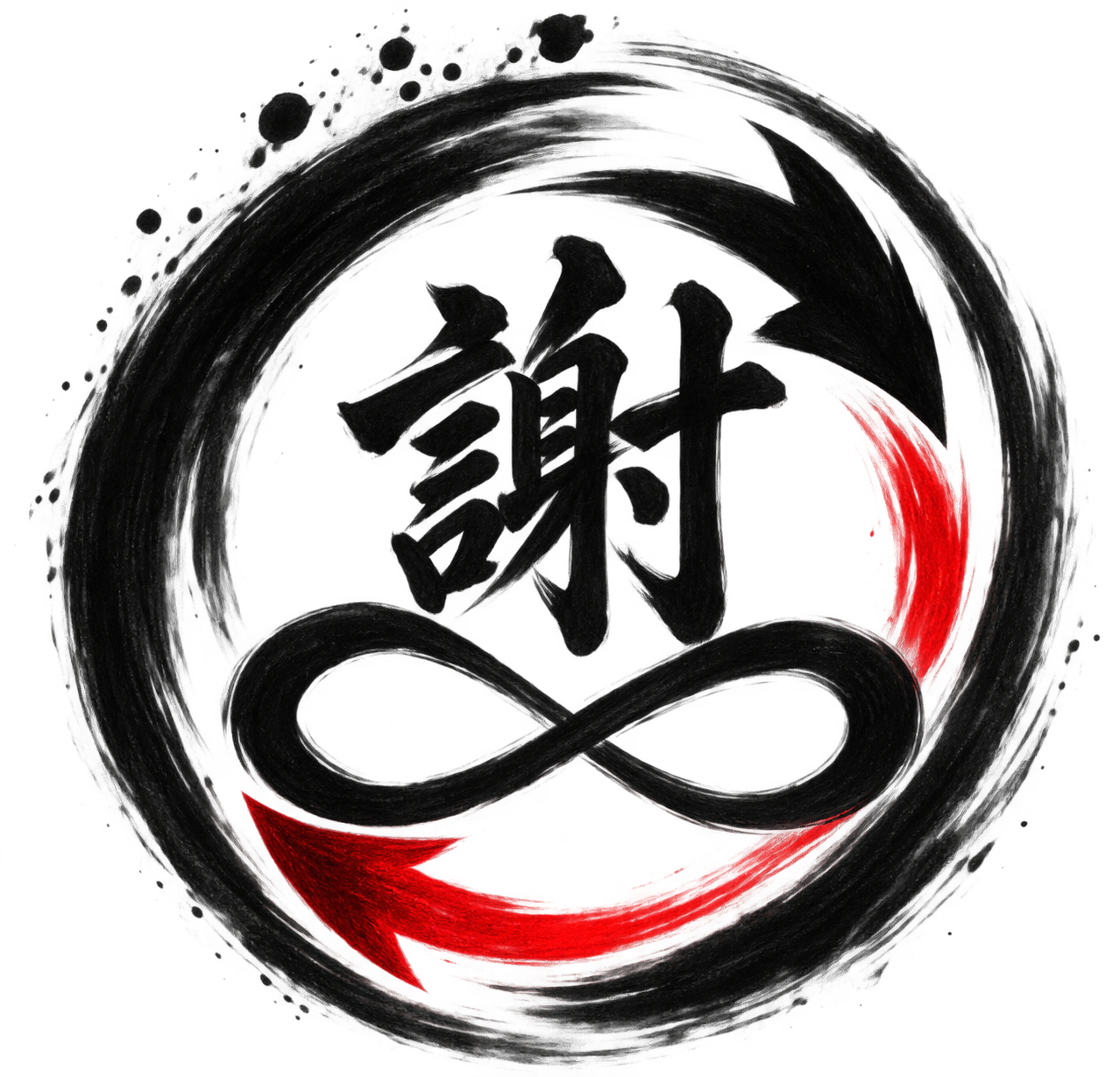 Bespoke emblem - a brushstroke ensō carrying the kanji and the infinity loop of Small Circle, drawn straight from the school's philosophy